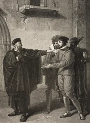 Benátky, ulice, dějství III, scéna III, z „Kupce benátského“, z galerie Boydell Shakespeare, vydané koncem 19. století